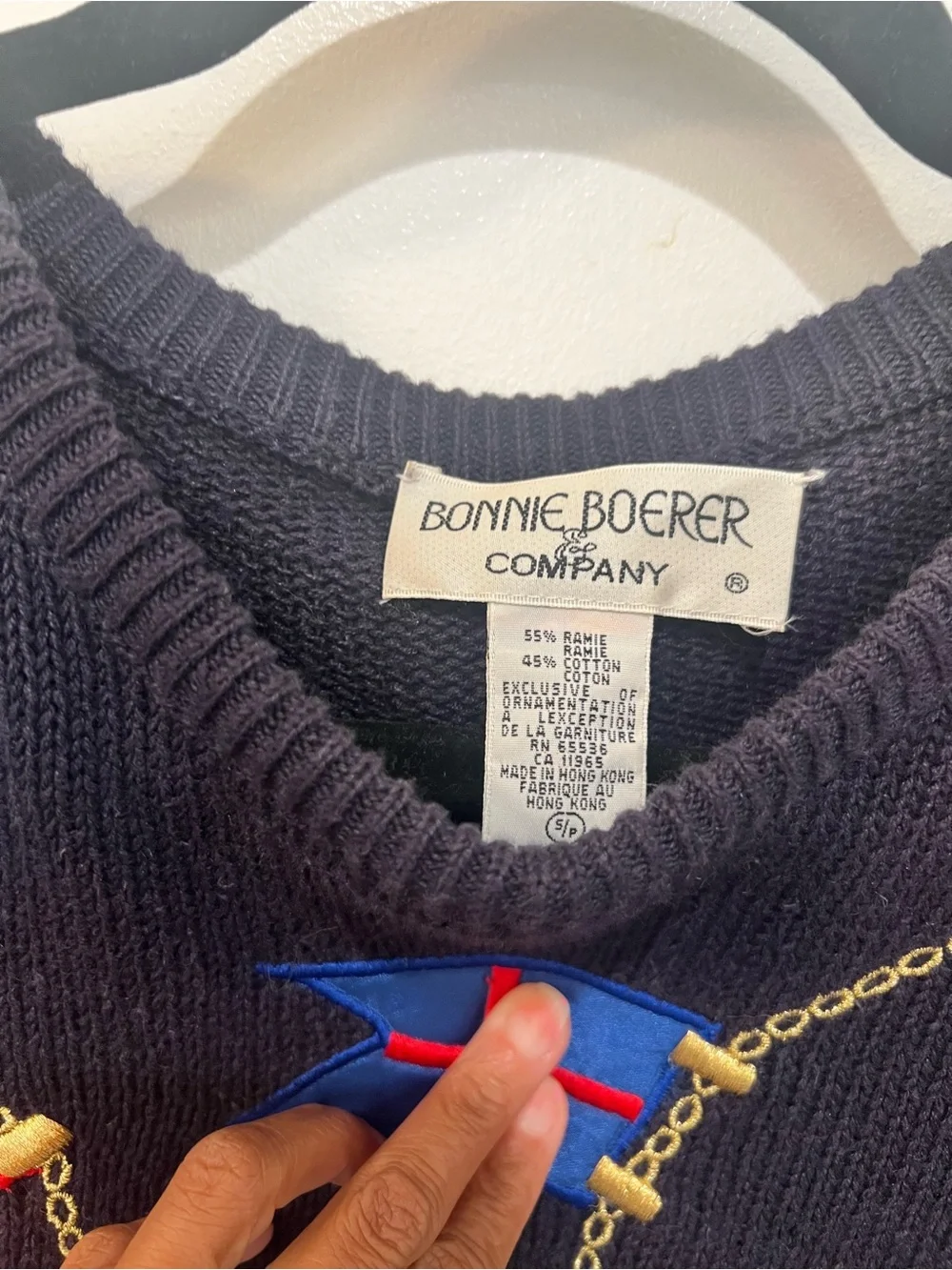 Nautical Flag Embroidered Knit Sweater - Navy